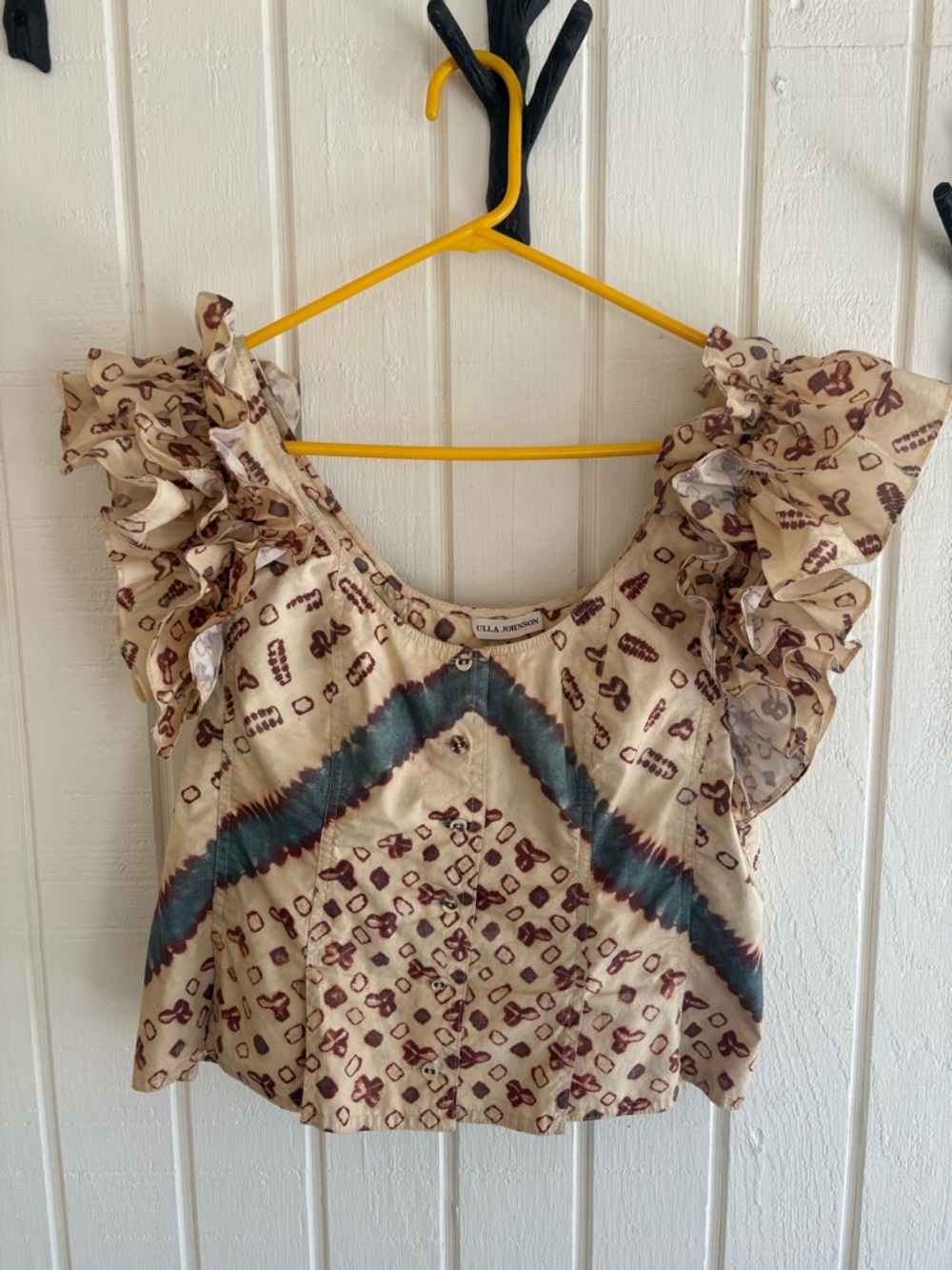 Ulla Johnson Cream Ruffle-Sleeve southwestern boho Printed Crop Top size 12 EUC